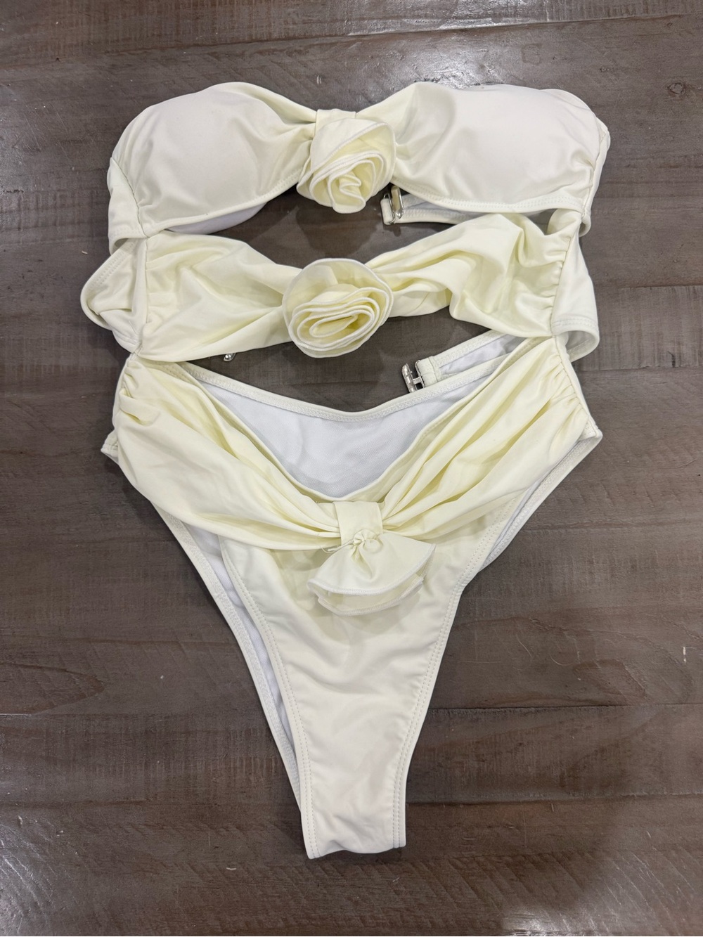 SHEIN Cream Floral Rosette Strapless One Piece Swimsuit Size M
